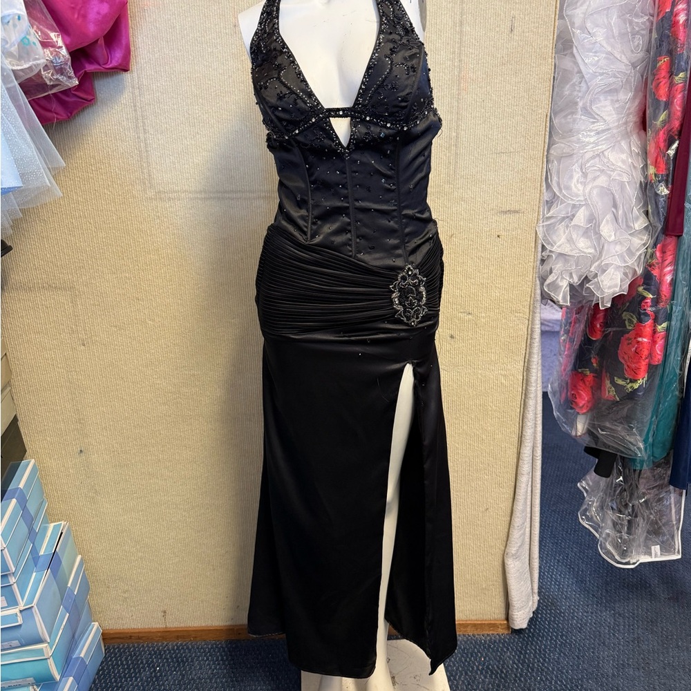 Black Beaded Halter Prom Dress with Side Slit